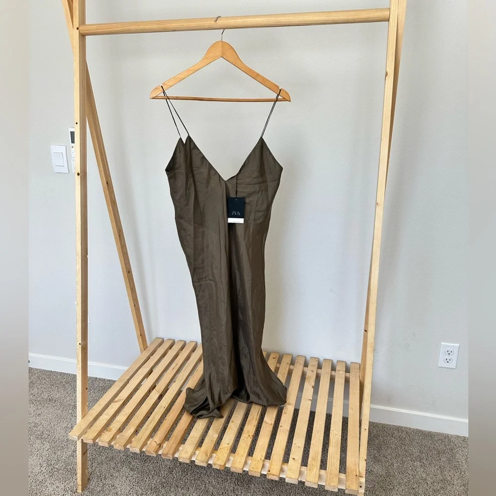 Zara 100% Silk Olive Midi Dress - Picture 2 of 7